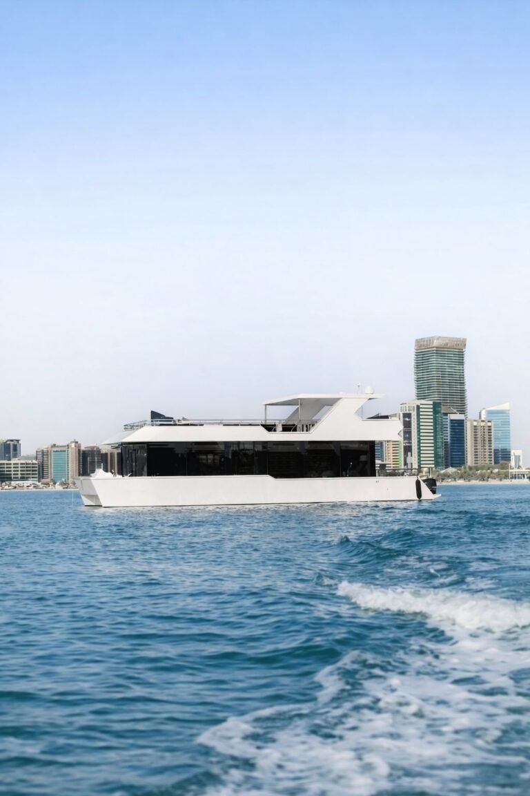 Amber Regent yacht cruising past the Abu Dhabi skyline, Yas Marina